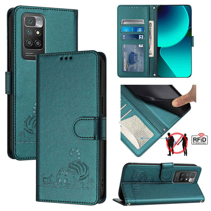Xiaomi Redmi 10 2022 Global Leather Phone Case with Cat and Rat Embossed Pattern, RFID Protection, Card Holder Slots, Anti-fall Feature & Lanyard