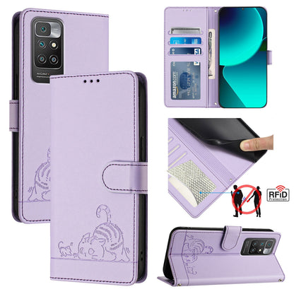 Xiaomi Redmi 10 2022 Global Leather Phone Case with Cat and Rat Embossed Pattern, RFID Protection, Card Holder Slots, Anti-fall Feature & Lanyard