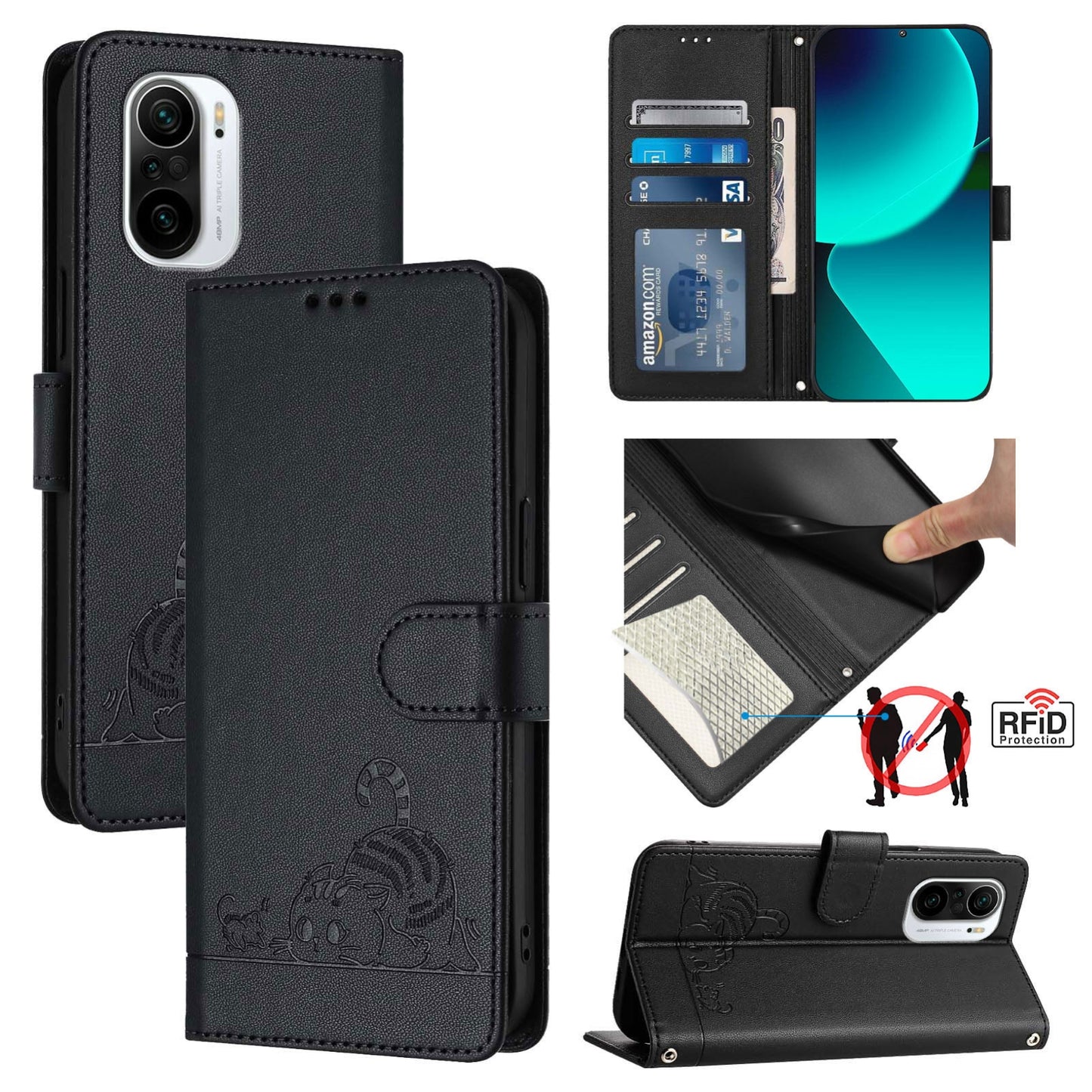 Xiaomi 11i Leather Phone Case with Cat and Rat Embossed Pattern, RFID Protection, Card Holder Slots, Anti-fall Feature & Lanyard