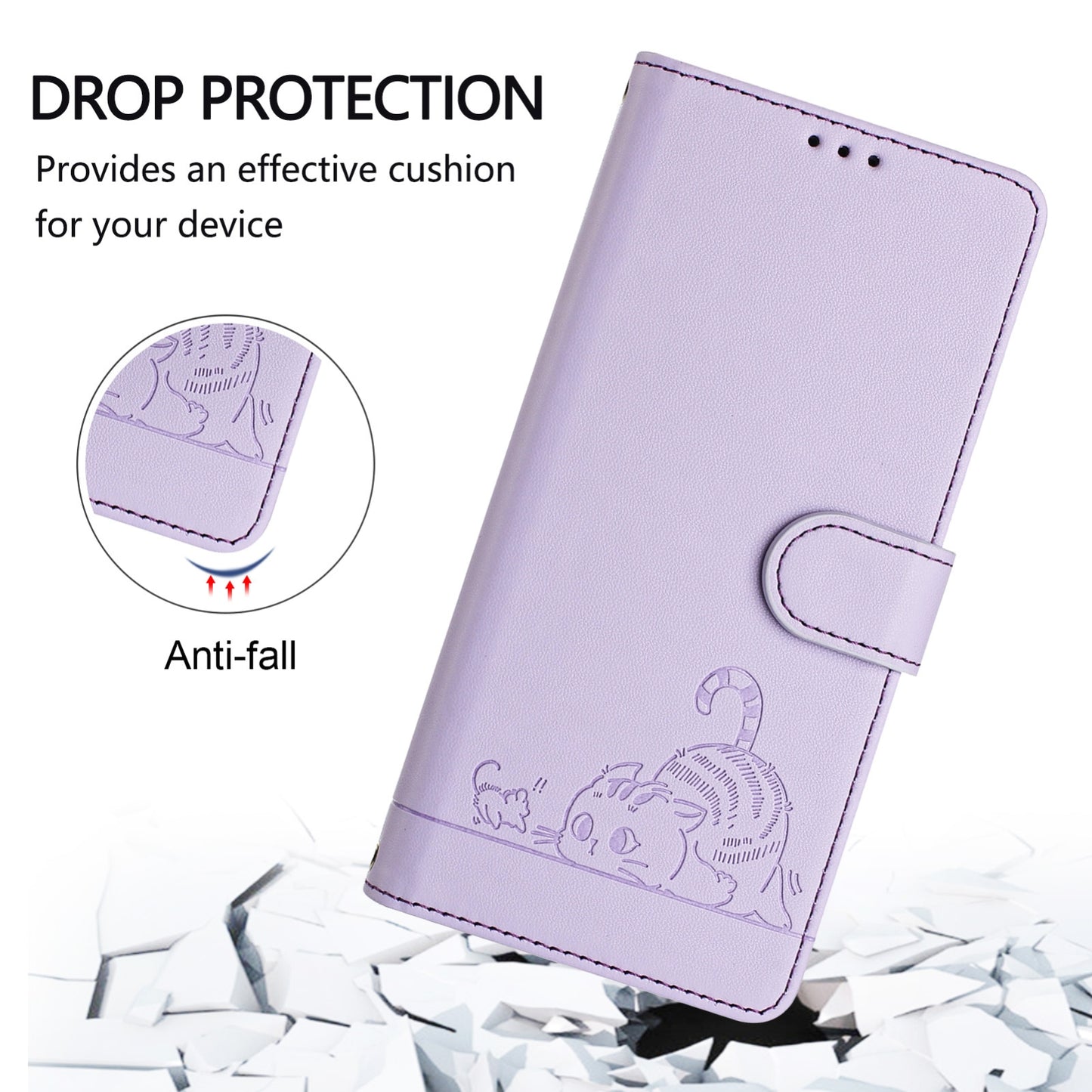 Xiaomi POCO F3 Leather Phone Case with Cat and Rat Embossed Pattern, RFID Protection, Card Holder Slots, Anti-fall Feature & Lanyard