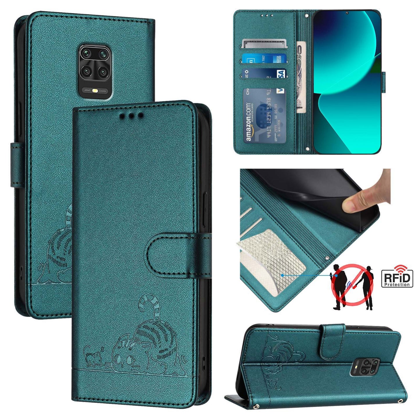Xiaomi Redmi Note 10 Lite Leather Phone Case with Cat and Rat Embossed Pattern, RFID Protection, Card Holder Slots, Anti-fall Feature & Lanyard