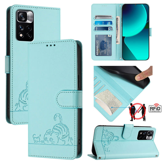 Xiaomi Redmi Note 11 Pro+ 5G EU Version Leather Phone Case with Cat and Rat Embossed Pattern, RFID Protection, Card Holder Slots, Anti-fall Feature & Lanyard