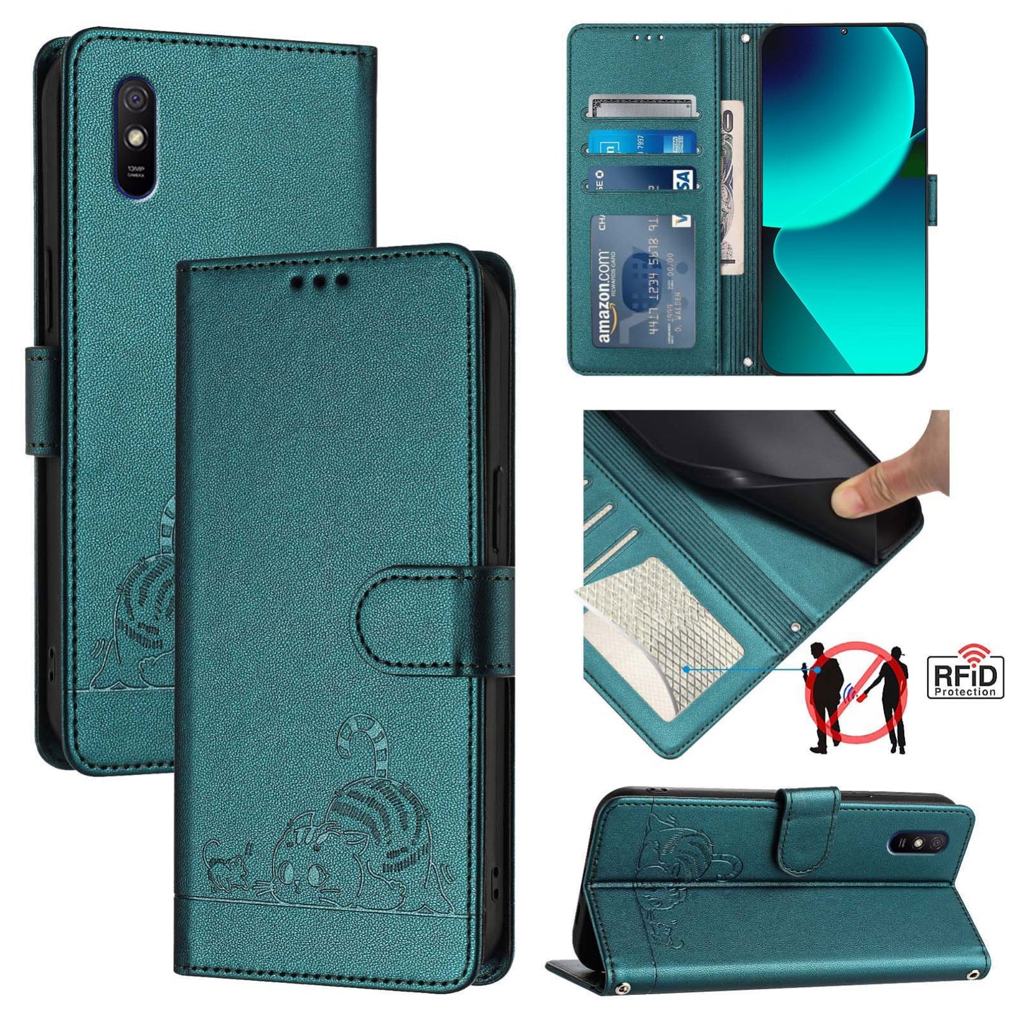 Xiaomi Redmi 9AT Leather Phone Case with Cat and Rat Embossed Pattern, RFID Protection, Card Holder Slots, Anti-fall Feature & Lanyard