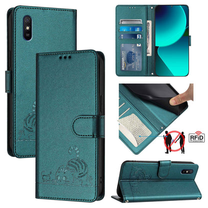 Xiaomi Redmi 9AT Leather Phone Case with Cat and Rat Embossed Pattern, RFID Protection, Card Holder Slots, Anti-fall Feature & Lanyard