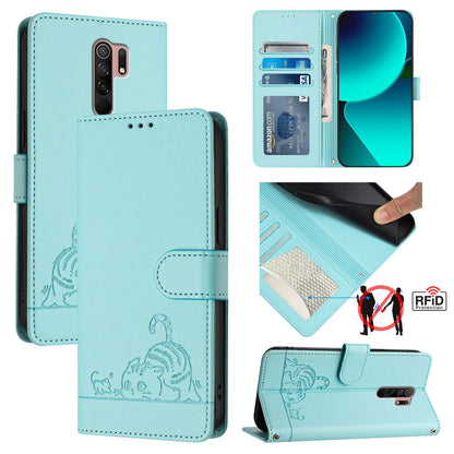 Xiaomi Redmi 9 Prime India Leather Phone Case with Cat and Rat Embossed Pattern, RFID Protection, Card Holder Slots, Anti-fall Feature & Lanyard