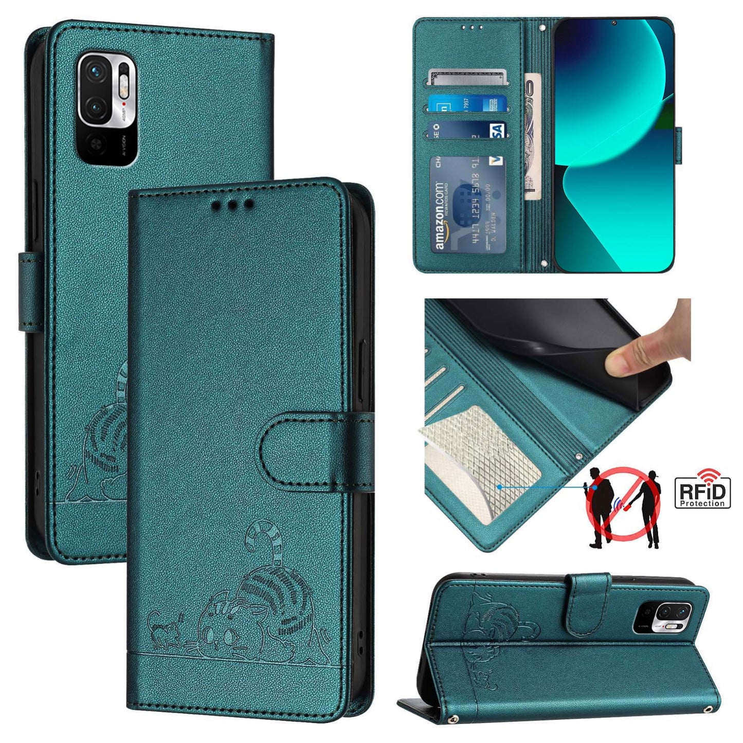 Xiaomi Redmi Note 10 5G Leather Phone Case with Cat and Rat Embossed Pattern, RFID Protection, Card Holder Slots, Anti-fall Feature & Lanyard