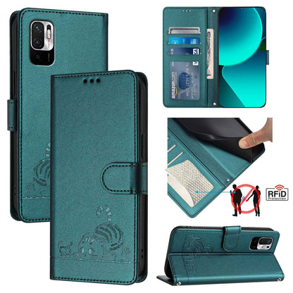 Xiaomi Redmi Note 10 5G Leather Phone Case with Cat and Rat Embossed Pattern, RFID Protection, Card Holder Slots, Anti-fall Feature & Lanyard