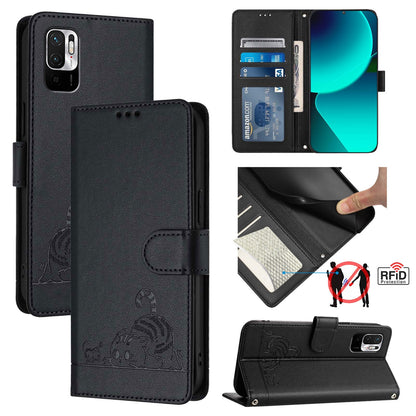 Xiaomi POCO M3 Pro Leather Phone Case with Cat and Rat Embossed Pattern, RFID Protection, Card Holder Slots, Anti-fall Feature & Lanyard