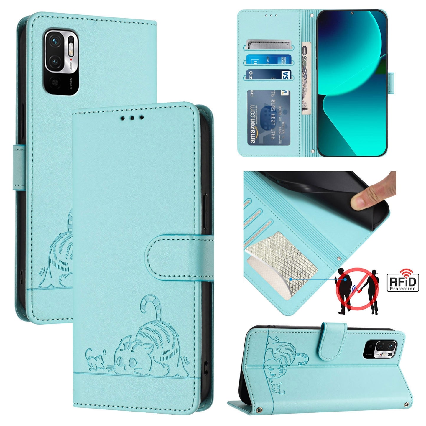 Xiaomi Redmi Note 10T 5G Leather Phone Case with Cat and Rat Embossed Pattern, RFID Protection, Card Holder Slots, Anti-fall Feature & Lanyard