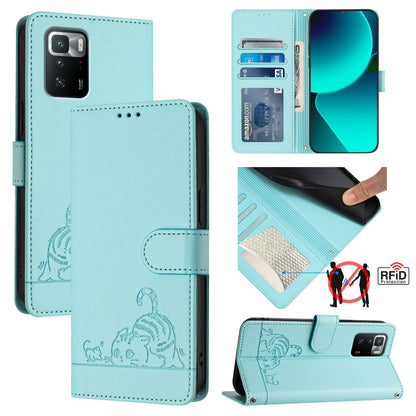 Xiaomi POCO X3 GT Leather Phone Case with Cat and Rat Embossed Pattern, RFID Protection, Card Holder Slots, Anti-fall Feature & Lanyard