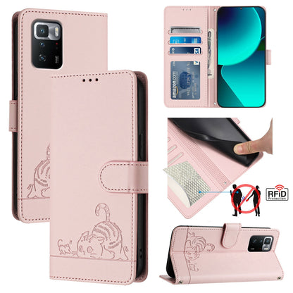 Xiaomi POCO X3 GT Leather Phone Case with Cat and Rat Embossed Pattern, RFID Protection, Card Holder Slots, Anti-fall Feature & Lanyard