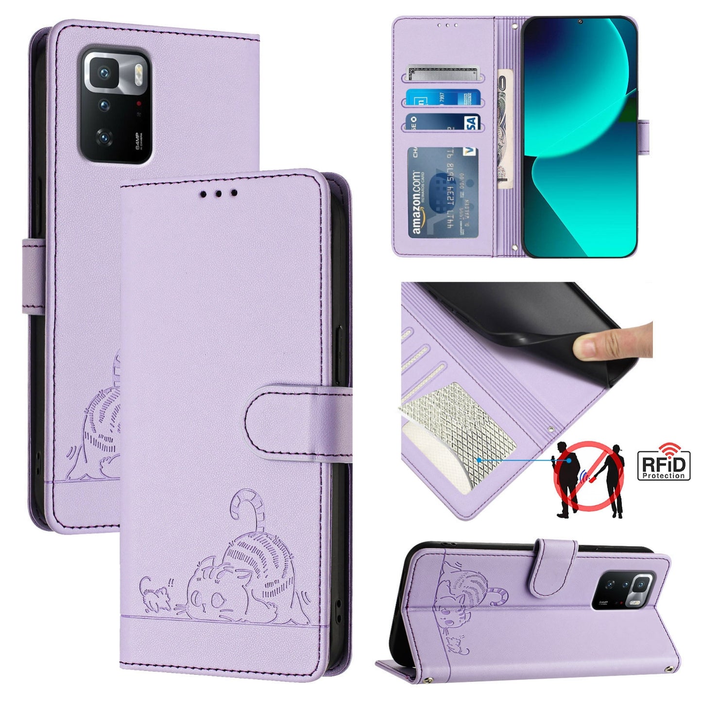Xiaomi POCO X3 GT Leather Phone Case with Cat and Rat Embossed Pattern, RFID Protection, Card Holder Slots, Anti-fall Feature & Lanyard