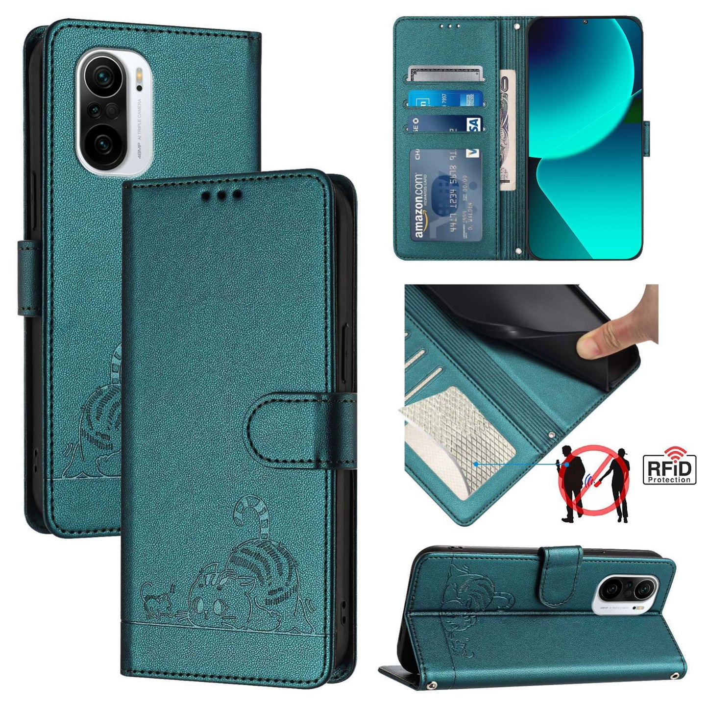 Xiaomi Mi 11X Leather Phone Case with Cat and Rat Embossed Pattern, RFID Protection, Card Holder Slots, Anti-fall Feature & Lanyard