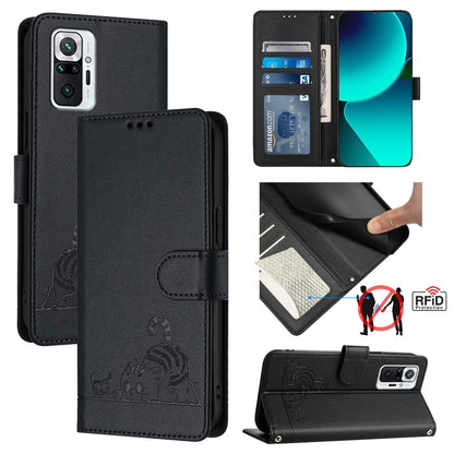Xiaomi Redmi Note 10 Pro Max Leather Phone Case with Cat and Rat Embossed Pattern, RFID Protection, Card Holder Slots, Anti-fall Feature & Lanyard