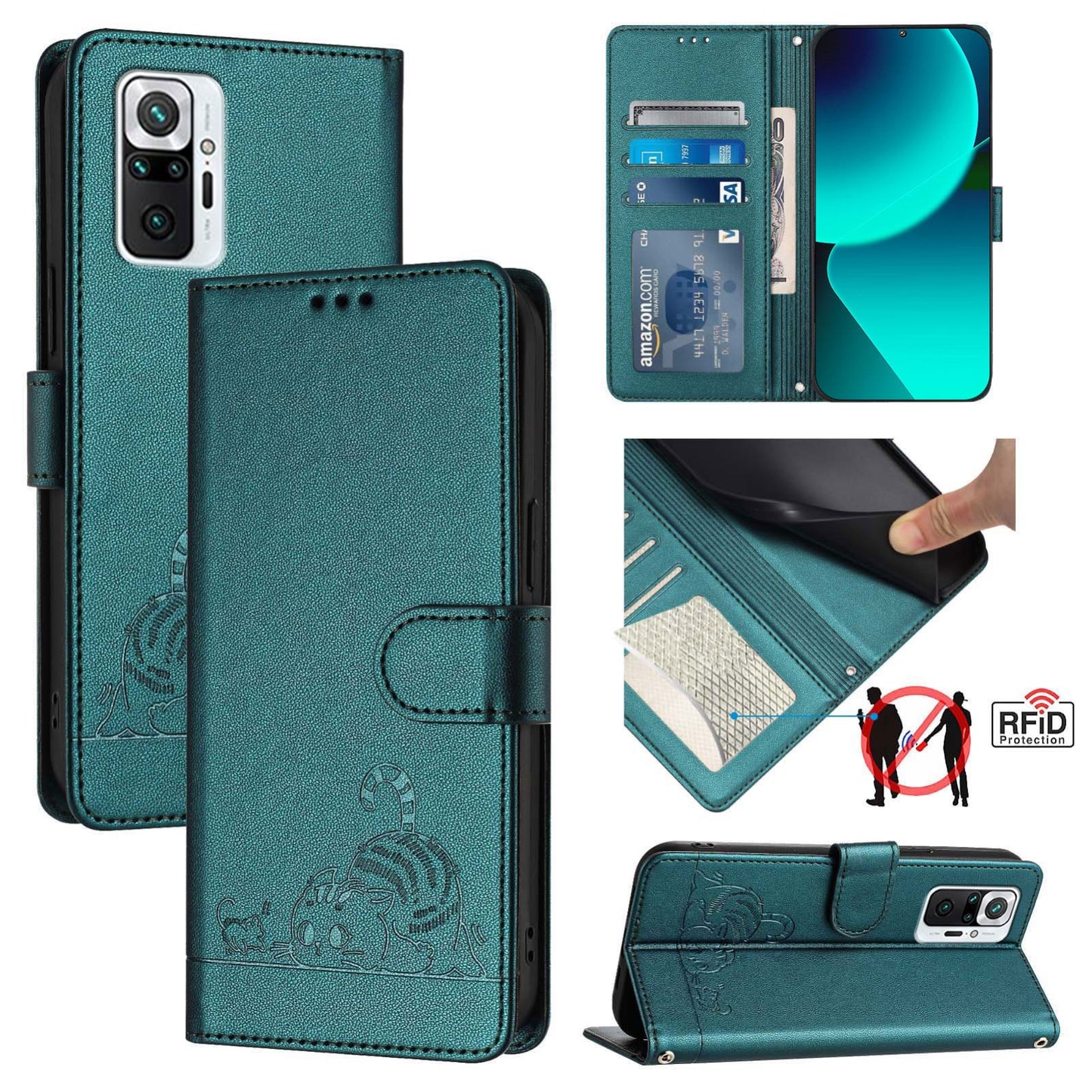 Xiaomi Redmi Note 10 Pro Max Leather Phone Case with Cat and Rat Embossed Pattern, RFID Protection, Card Holder Slots, Anti-fall Feature & Lanyard