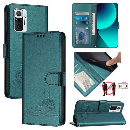 Xiaomi Redmi Note 10 Pro Max Leather Phone Case with Cat and Rat Embossed Pattern, RFID Protection, Card Holder Slots, Anti-fall Feature & Lanyard