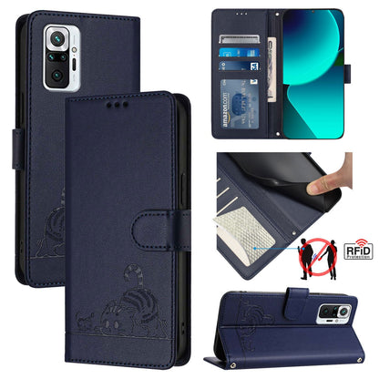 Xiaomi Redmi Note 10 Pro Max Leather Phone Case with Cat and Rat Embossed Pattern, RFID Protection, Card Holder Slots, Anti-fall Feature & Lanyard