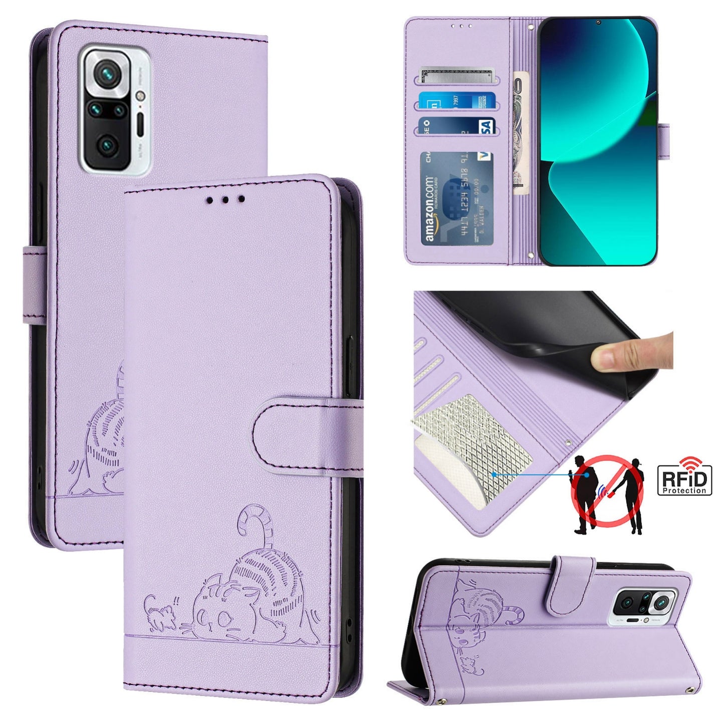Xiaomi Redmi Note 10 Pro Max Leather Phone Case with Cat and Rat Embossed Pattern, RFID Protection, Card Holder Slots, Anti-fall Feature & Lanyard
