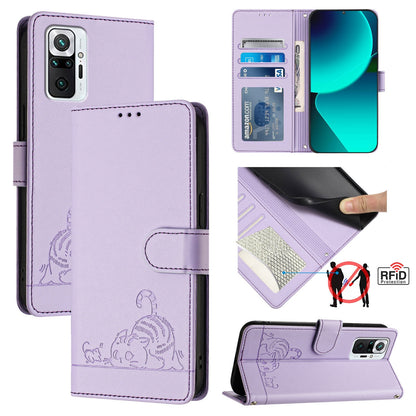 Xiaomi Redmi Note 10 Pro India Leather Phone Case with Cat and Rat Embossed Pattern, RFID Protection, Card Holder Slots, Anti-fall Feature & Lanyard