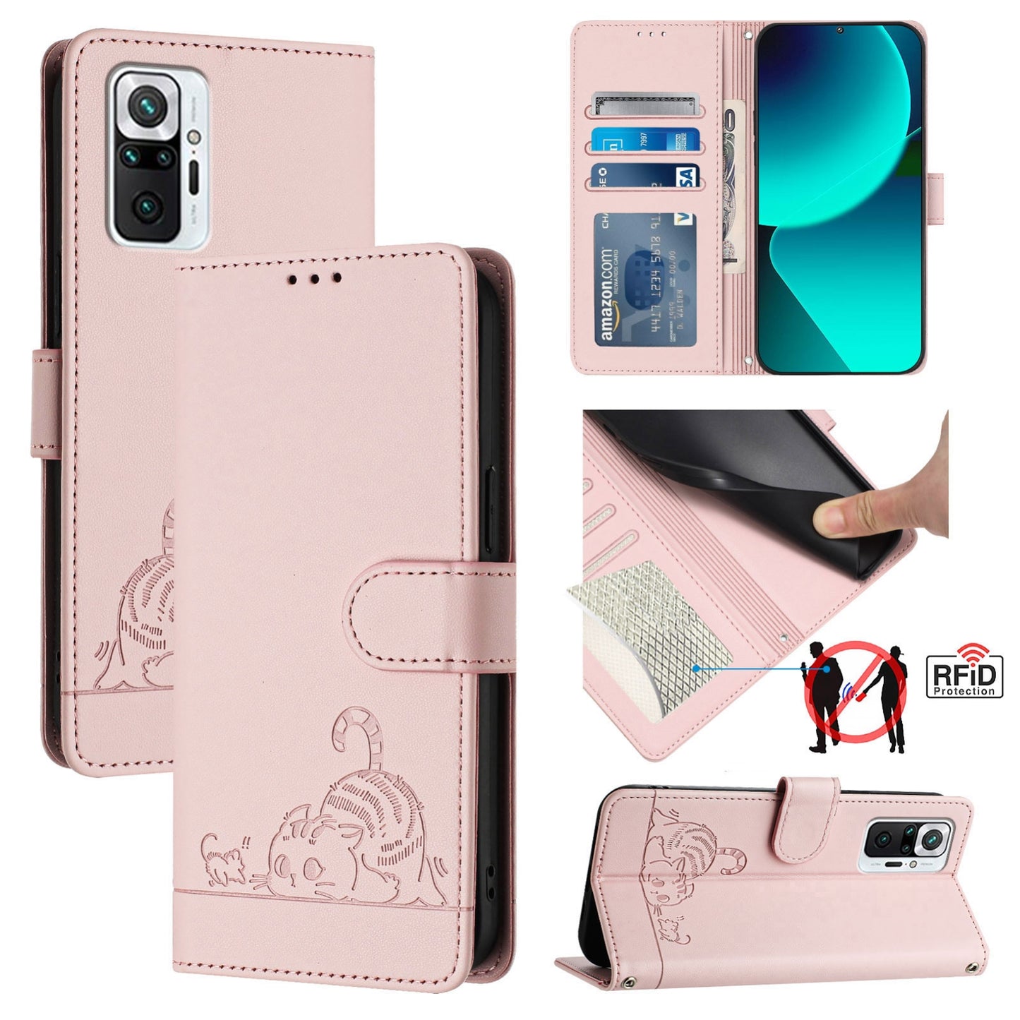 Xiaomi Redmi Note 10 Pro 4G Leather Phone Case with Cat and Rat Embossed Pattern, RFID Protection, Card Holder Slots, Anti-fall Feature & Lanyard