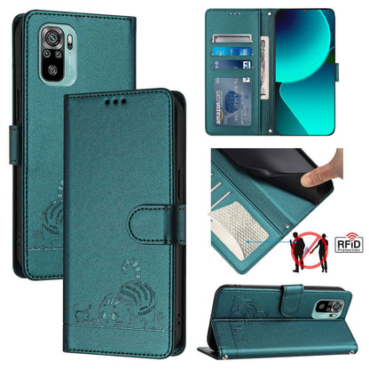 Xiaomi Redmi Note 10 4G Leather Phone Case with Cat and Rat Embossed Pattern, RFID Protection, Card Holder Slots, Anti-fall Feature & Lanyard