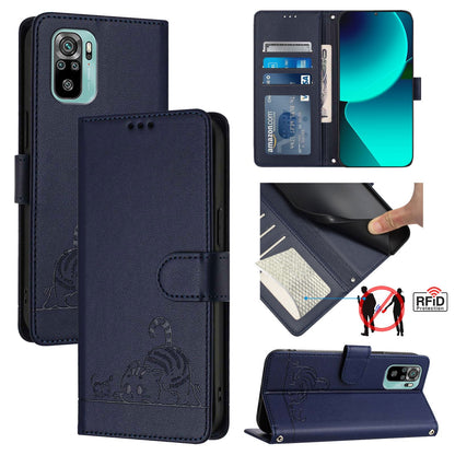 Xiaomi Redmi Note 10 4G Leather Phone Case with Cat and Rat Embossed Pattern, RFID Protection, Card Holder Slots, Anti-fall Feature & Lanyard