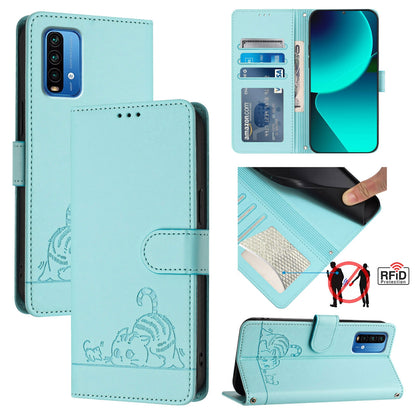 Xiaomi Redmi 9 Power Leather Phone Case with Cat and Rat Embossed Pattern, RFID Protection, Card Holder Slots, Anti-fall Feature & Lanyard