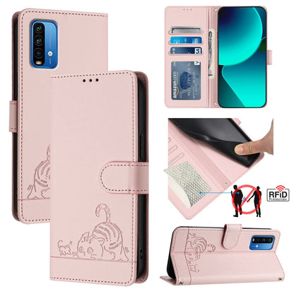 Xiaomi Redmi 9 Power Leather Phone Case with Cat and Rat Embossed Pattern, RFID Protection, Card Holder Slots, Anti-fall Feature & Lanyard