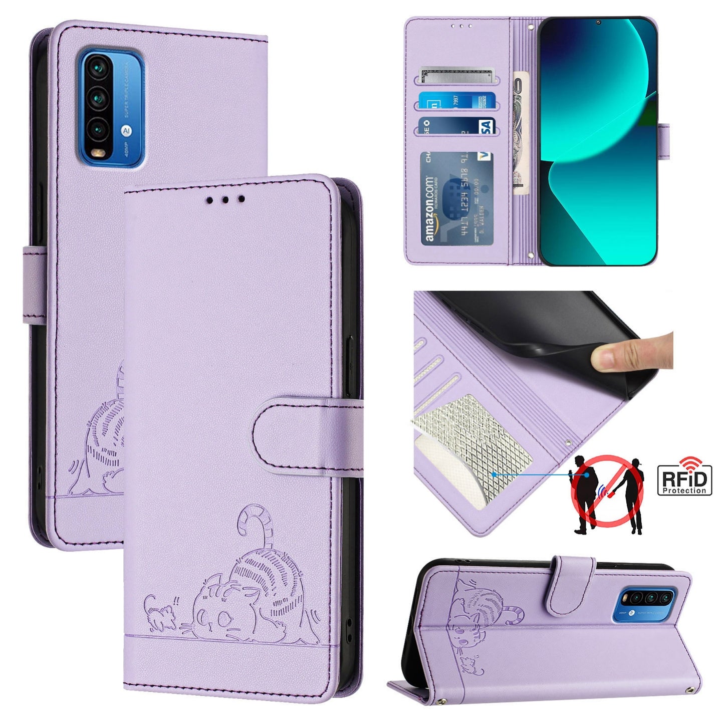 Xiaomi Redmi 9 Power Leather Phone Case with Cat and Rat Embossed Pattern, RFID Protection, Card Holder Slots, Anti-fall Feature & Lanyard