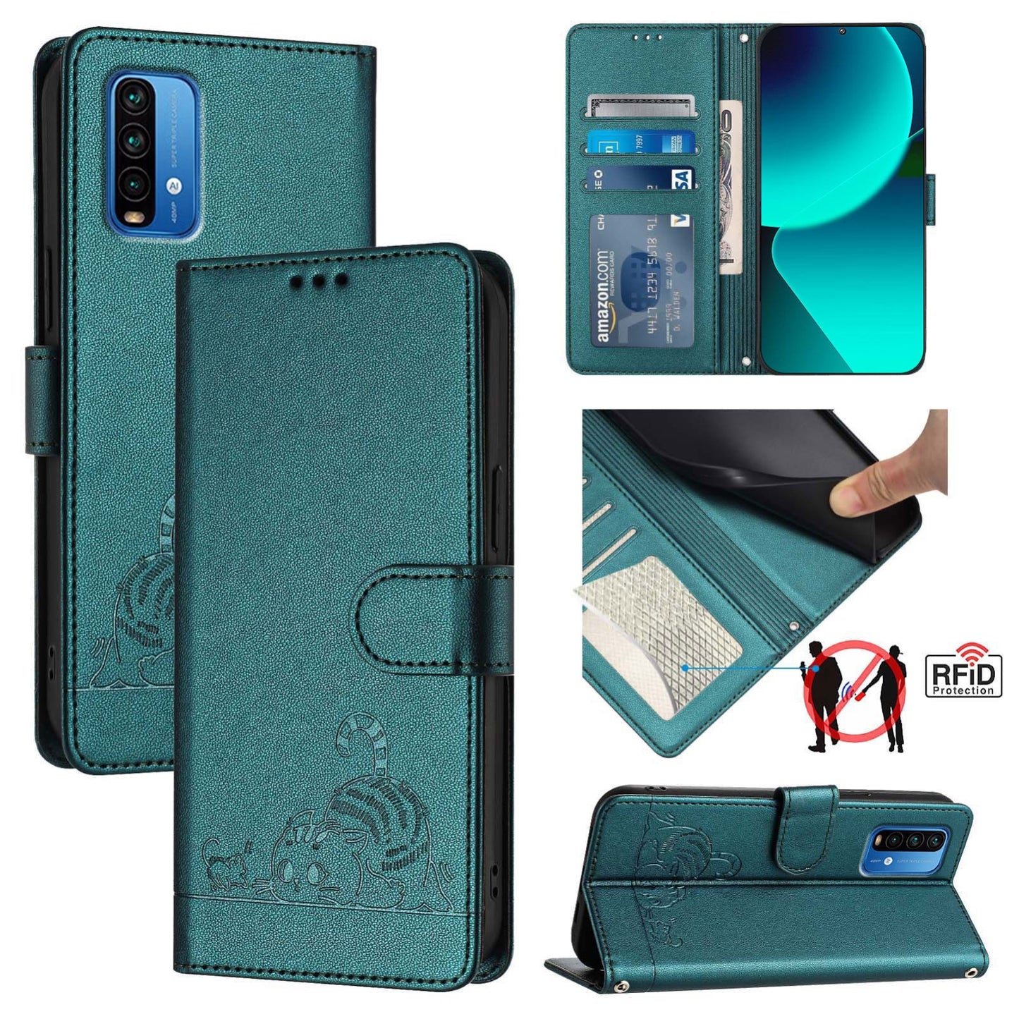 Xiaomi Redmi 9T Global Leather Phone Case with Cat and Rat Embossed Pattern, RFID Protection, Card Holder Slots, Anti-fall Feature & Lanyard