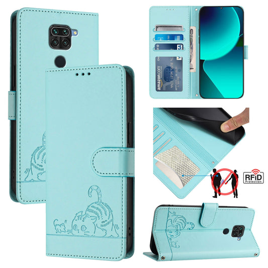Xiaomi Redmi Note 9 4G Global Leather Phone Case with Cat and Rat Embossed Pattern, RFID Protection, Card Holder Slots, Anti-fall Feature & Lanyard