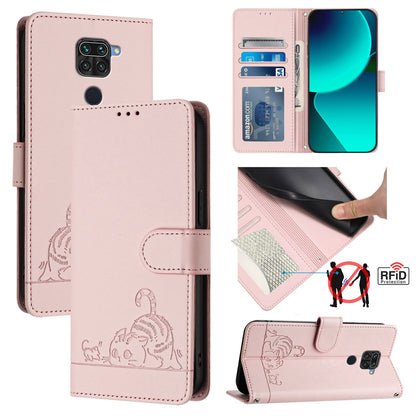 Xiaomi Redmi 10X 4G Leather Phone Case with Cat and Rat Embossed Pattern, RFID Protection, Card Holder Slots, Anti-fall Feature & Lanyard