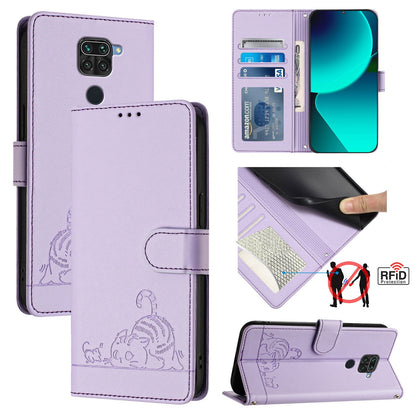 Xiaomi Redmi 10X 4G Leather Phone Case with Cat and Rat Embossed Pattern, RFID Protection, Card Holder Slots, Anti-fall Feature & Lanyard