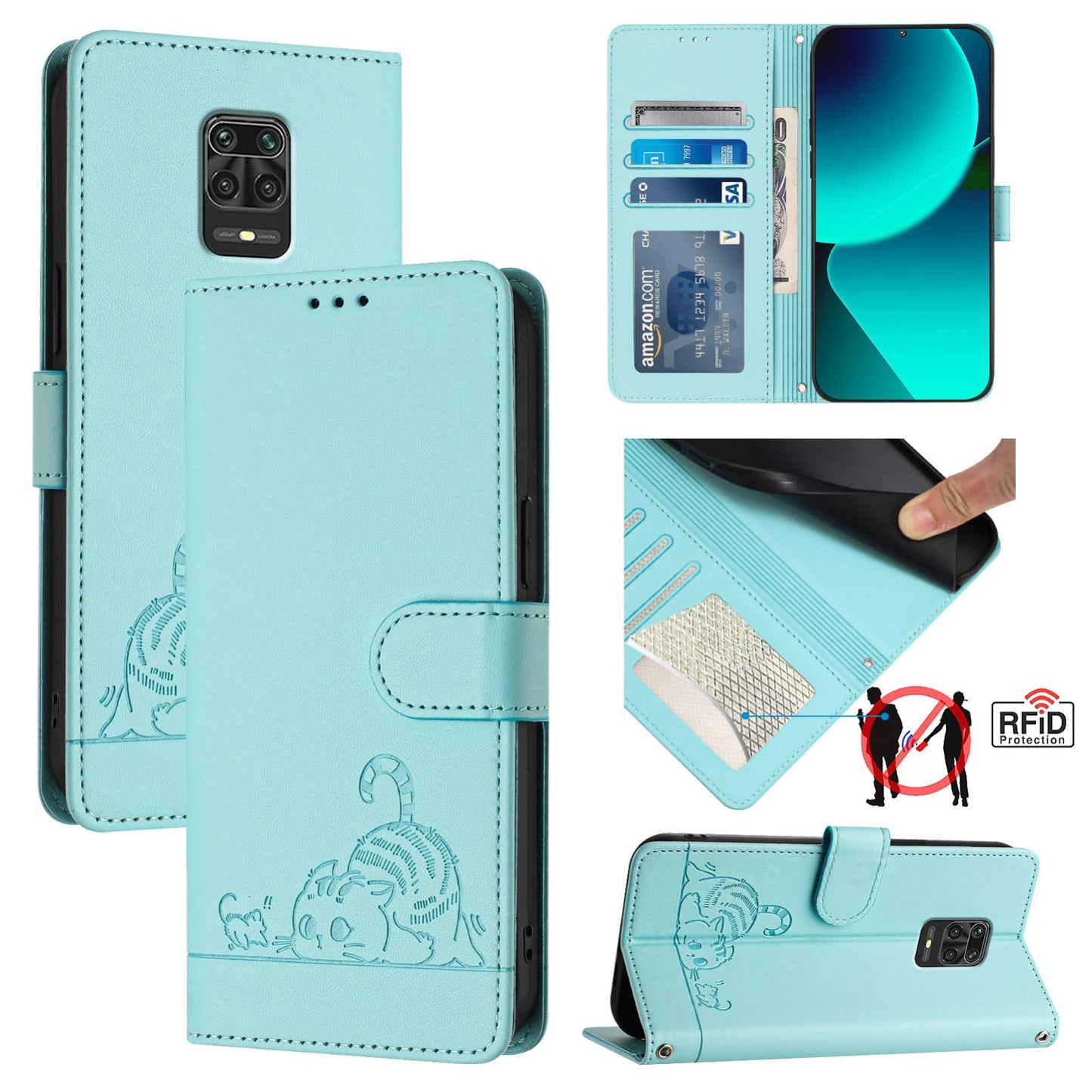 Xiaomi POCO M2 Pro Leather Phone Case with Cat and Rat Embossed Pattern, RFID Protection, Card Holder Slots, Anti-fall Feature & Lanyard