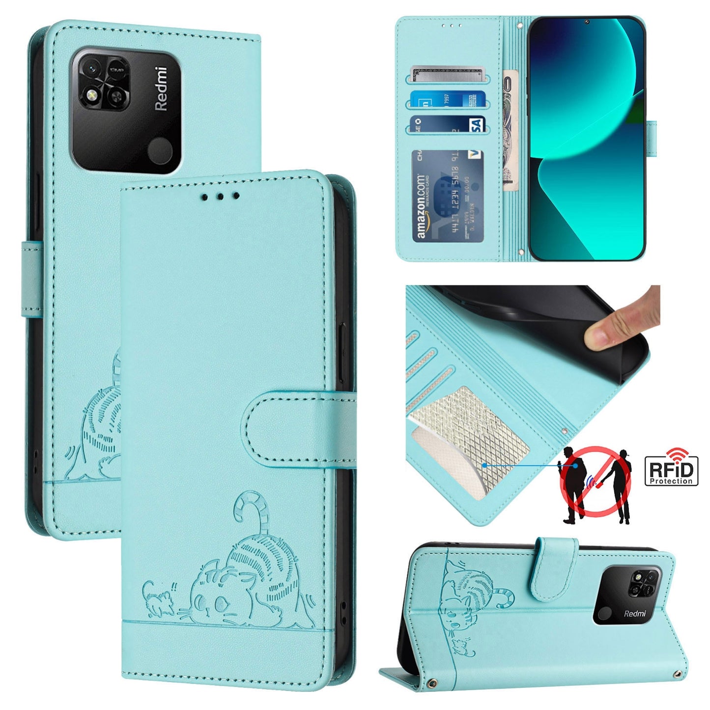 Xiaomi Redmi 9C Leather Phone Case with Cat and Rat Embossed Pattern, RFID Protection, Card Holder Slots, Anti-fall Feature & Lanyard