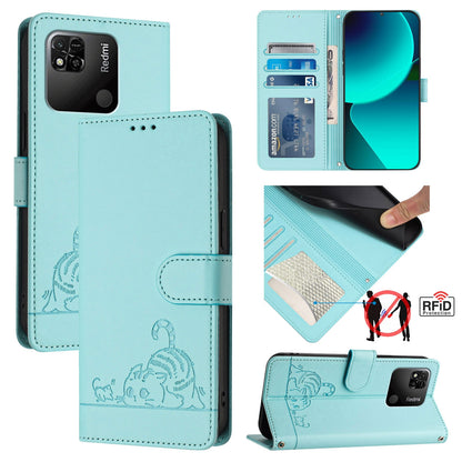 Xiaomi Redmi 9C Leather Phone Case with Cat and Rat Embossed Pattern, RFID Protection, Card Holder Slots, Anti-fall Feature & Lanyard