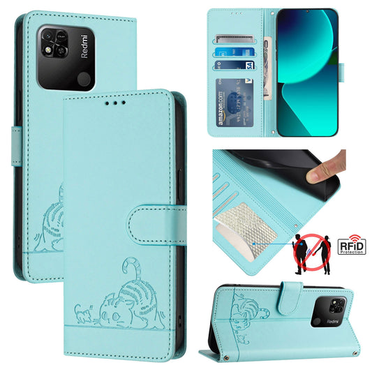 Xiaomi Redmi 9C Leather Phone Case with Cat and Rat Embossed Pattern, RFID Protection, Card Holder Slots, Anti-fall Feature & Lanyard