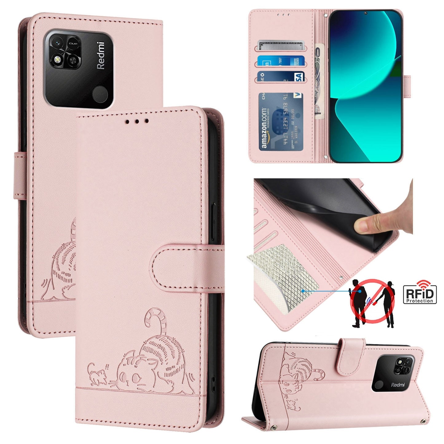 Xiaomi Redmi 9C Leather Phone Case with Cat and Rat Embossed Pattern, RFID Protection, Card Holder Slots, Anti-fall Feature & Lanyard