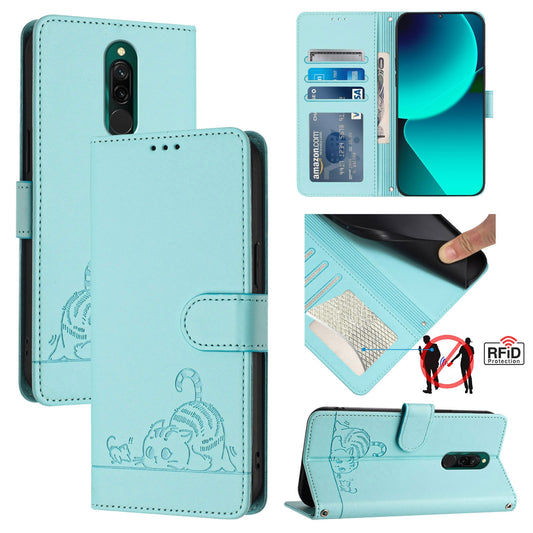 Xiaomi Redmi 8 Leather Phone Case with Cat and Rat Embossed Pattern, RFID Protection, Card Holder Slots, Anti-fall Feature & Lanyard