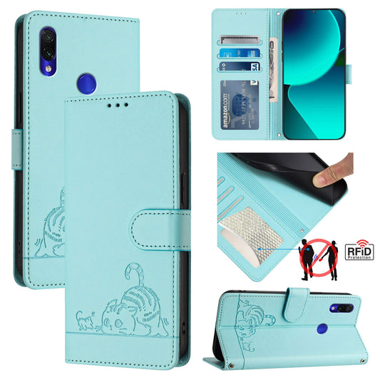 Xiaomi Redmi Note 7S Leather Phone Case with Cat and Rat Embossed Pattern, RFID Protection, Card Holder Slots, Anti-fall Feature & Lanyard