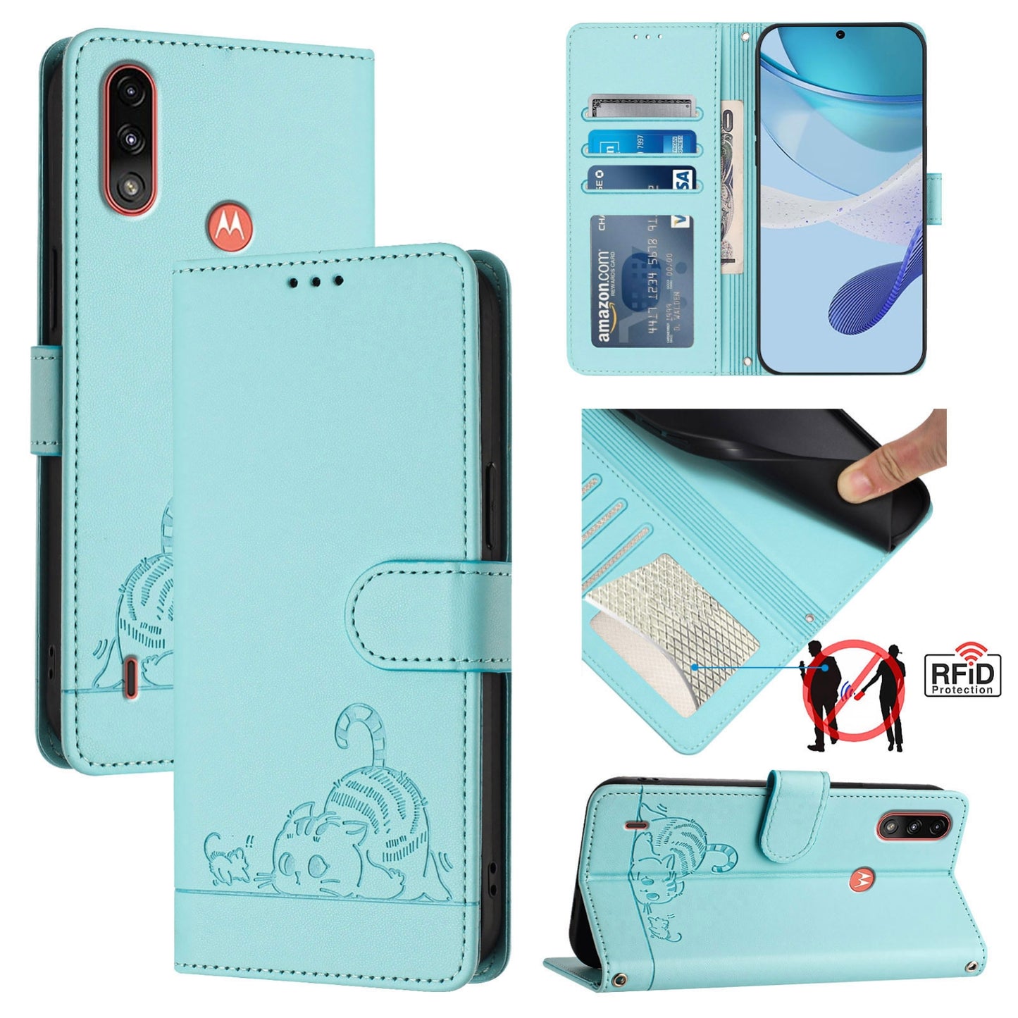 Motorola Moto E7 Power Leather Phone Case with Cat and Rat Embossed Pattern, RFID Protection, Card Holder Slots, Anti-fall Feature & Lanyard