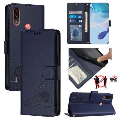 Motorola Moto E7 Power Leather Phone Case with Cat and Rat Embossed Pattern, RFID Protection, Card Holder Slots, Anti-fall Feature & Lanyard