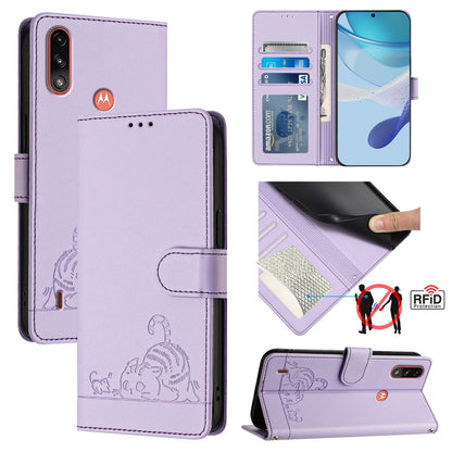 Motorola Moto E7 Power Leather Phone Case with Cat and Rat Embossed Pattern, RFID Protection, Card Holder Slots, Anti-fall Feature & Lanyard