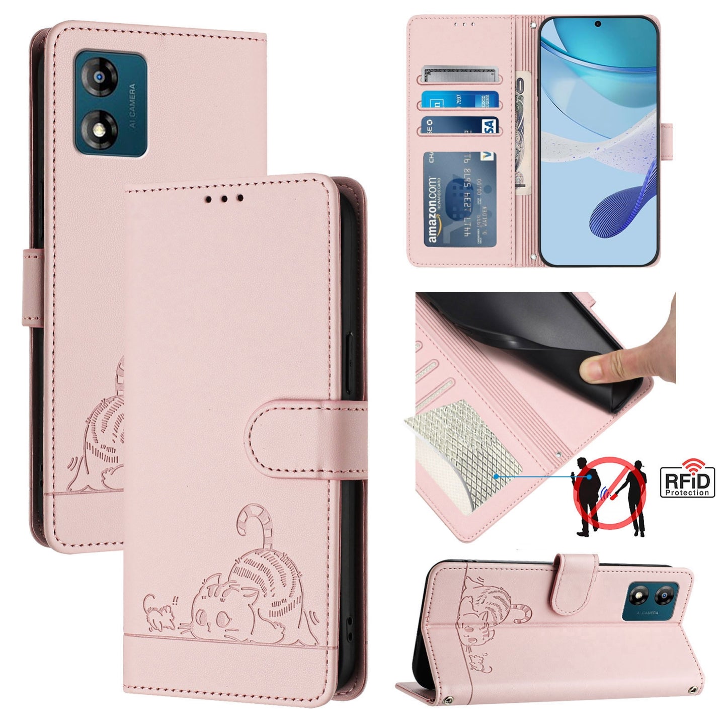 Motorola Moto E13 4G Leather Phone Case with Cat and Rat Embossed Pattern, RFID Protection, Card Holder Slots, Anti-fall Feature & Lanyard