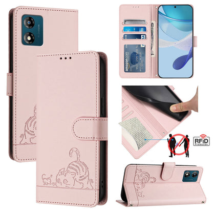Motorola Moto E13 4G Leather Phone Case with Cat and Rat Embossed Pattern, RFID Protection, Card Holder Slots, Anti-fall Feature & Lanyard
