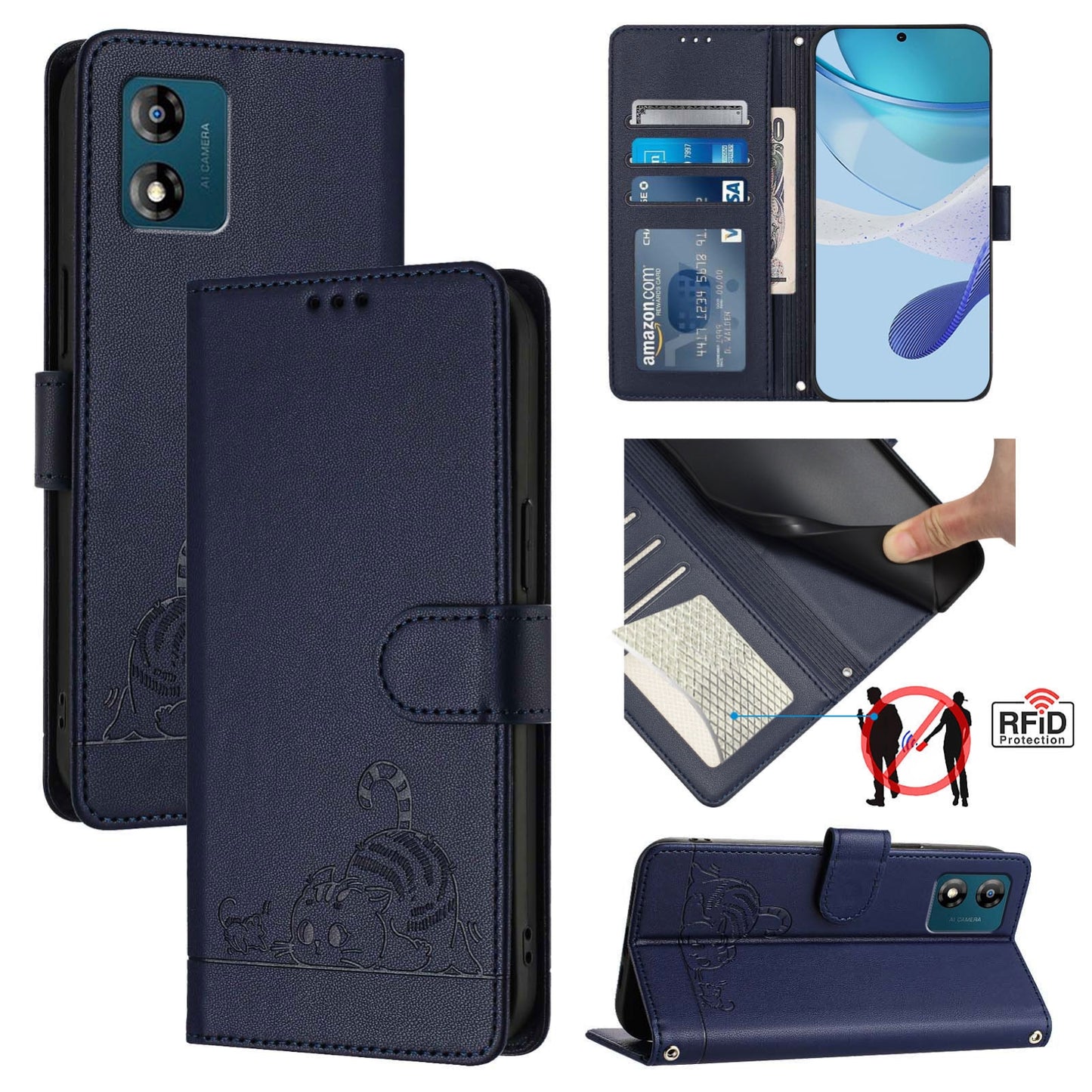 Motorola Moto E13 4G Leather Phone Case with Cat and Rat Embossed Pattern, RFID Protection, Card Holder Slots, Anti-fall Feature & Lanyard
