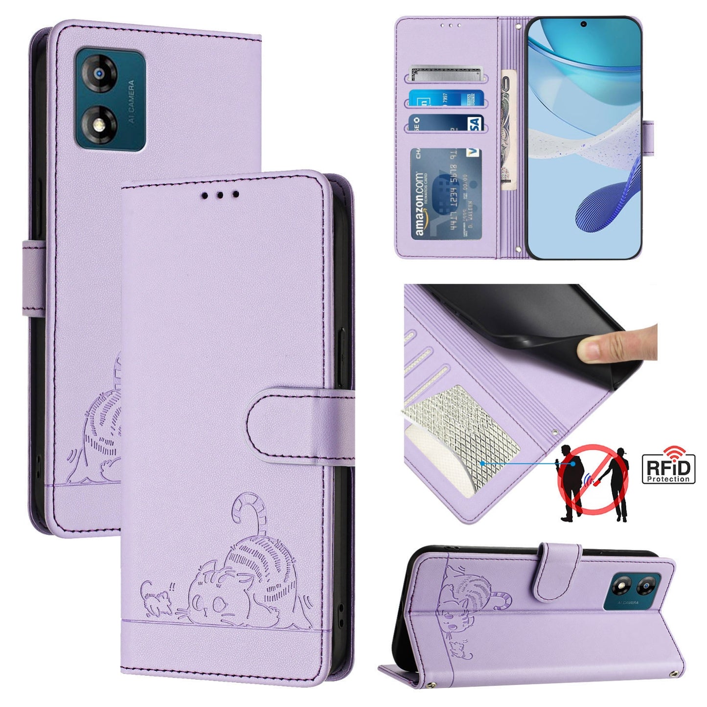 Motorola Moto E13 4G Leather Phone Case with Cat and Rat Embossed Pattern, RFID Protection, Card Holder Slots, Anti-fall Feature & Lanyard