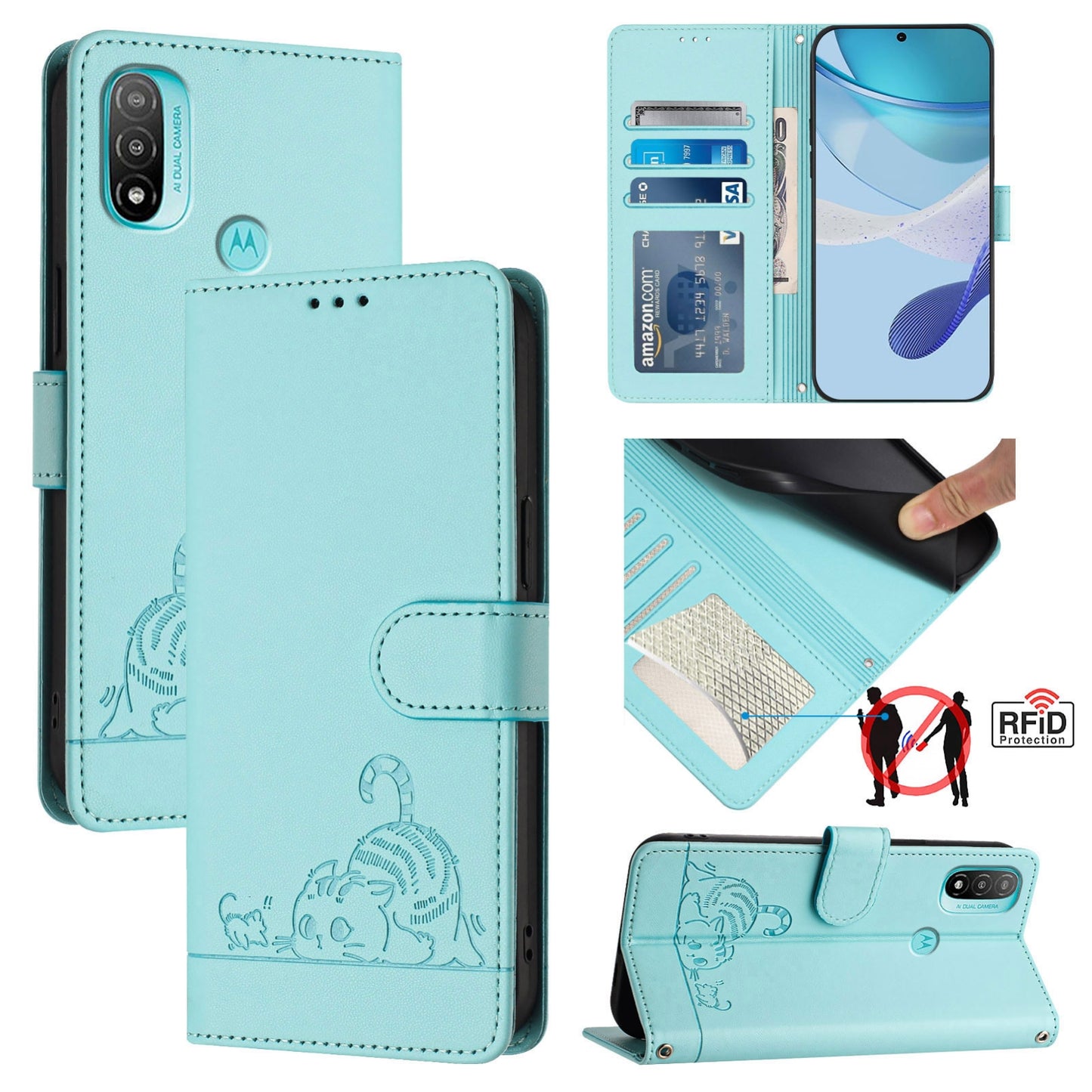 Motorola Moto E40 Leather Phone Case with Cat and Rat Embossed Pattern, RFID Protection, Card Holder Slots, Anti-fall Feature & Lanyard