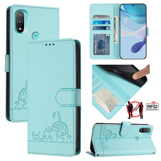 Motorola Moto E30 Leather Phone Case with Cat and Rat Embossed Pattern, RFID Protection, Card Holder Slots, Anti-fall Feature & Lanyard