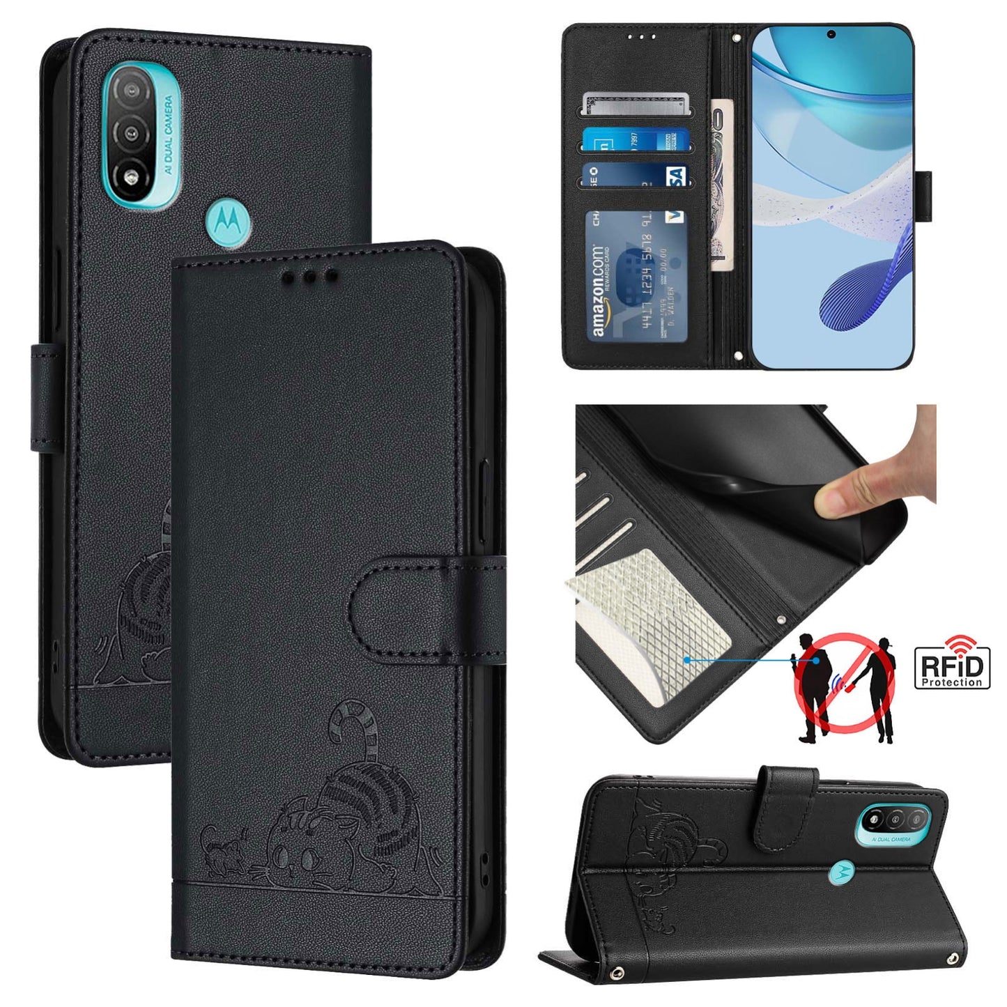 Motorola Moto E20 Leather Phone Case with Cat and Rat Embossed Pattern, RFID Protection, Card Holder Slots, Anti-fall Feature & Lanyard